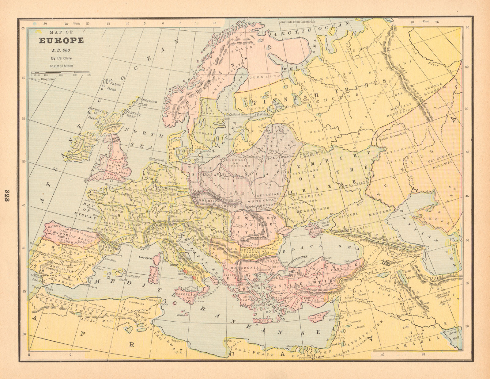 Map of Europe, AD 800 by I.S. CLARE 1894 old antique vintage plan chart